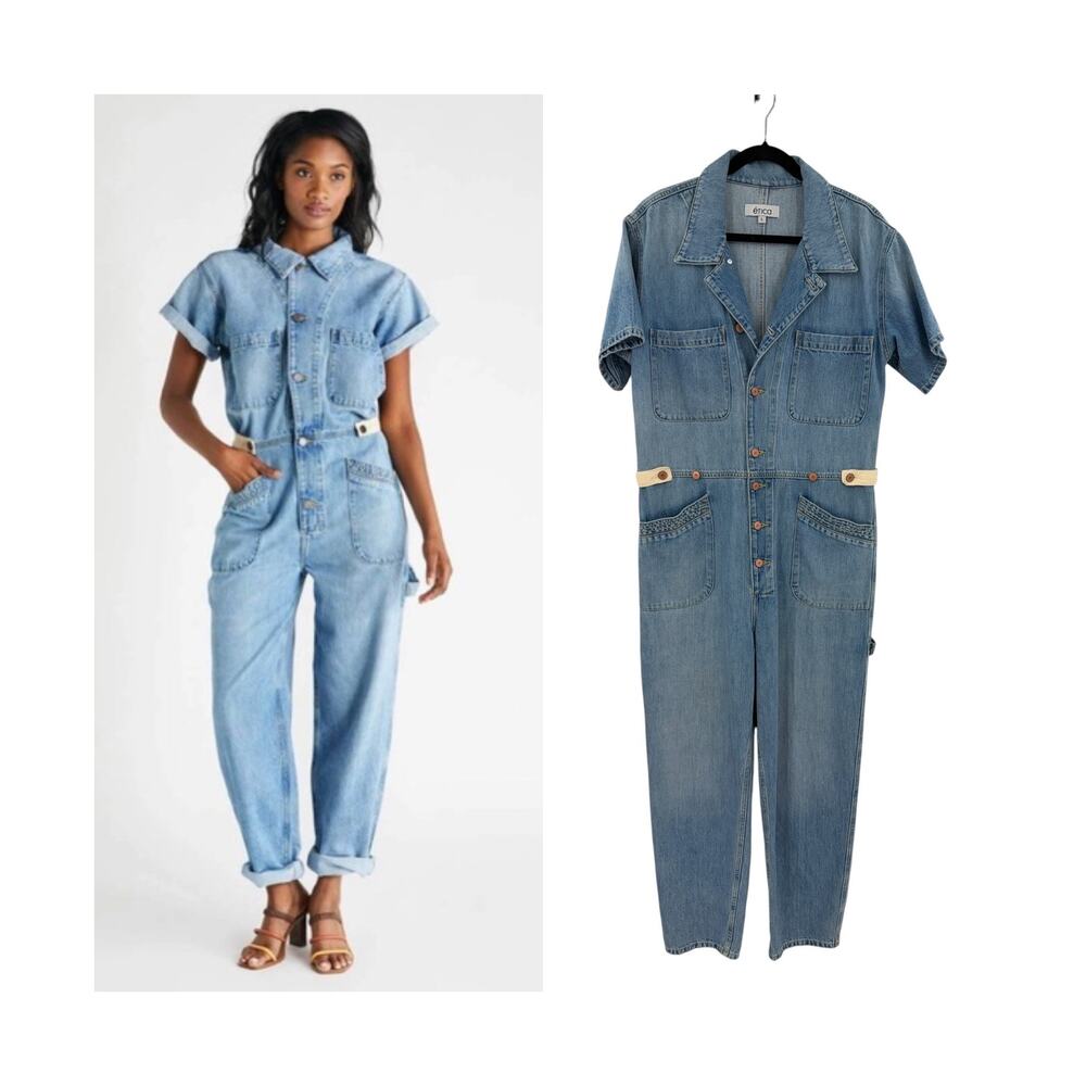 Etica Andi Denim Utility Jumpsuit Short Sleeve Carpenter Workwear Blue Large